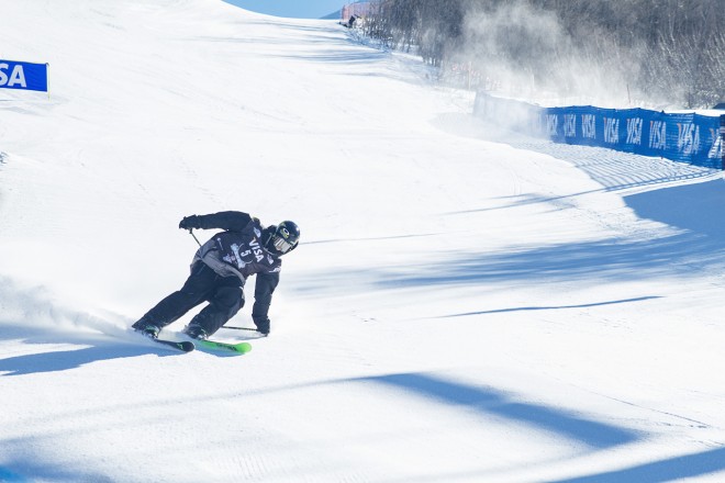 Skiers competing in Visa U.S. Freeskiing Grand Prix Slopstyle 2014 at Park City Mountain Resort by Virgil Solis