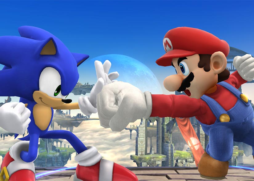 Screenshot of new Super Smash Bros. featuring Sonic the Hedgehog fighting Mario.
