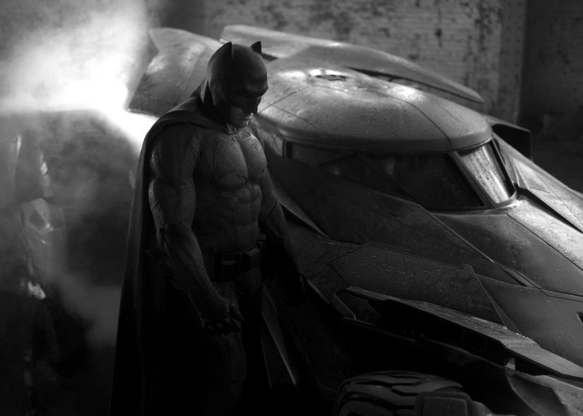 Photo of Ben Affleck as Batman and Batmobile in Batman vs. Superman