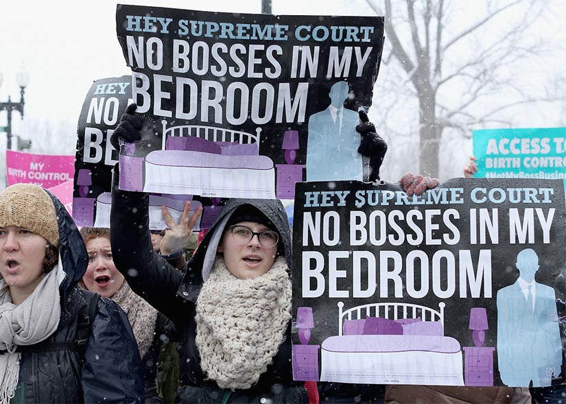 Demonstrators rallying outside the U.S. Supreme Court in Washington during oral arguments in Sebelius v. Hobby Lobby, March 25, 2014. Read more: http://www.jta.org/2014/04/01/news-opinion/politics/in-hobby-lobby-contraceptive-case-arguing-about-kosher-butchers#ixzz369jXqy1v