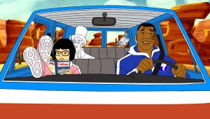 (L to R) Yung Hee, Marquess of Queensberry, Mike and Pigeon take off in the Mystery Mobile to answer a call for help. Mike Tyson Mysteries premieres on Adult Swim on October 27 at 10:30 p.m. (ET/PT).