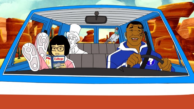 (L to R) Yung Hee, Marquess of Queensberry, Mike and Pigeon take off in the Mystery Mobile to answer a call for help. Mike Tyson Mysteries premieres on Adult Swim on October 27 at 10:30 p.m. (ET/PT).