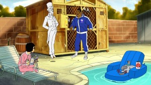 (L to R) Yung Hee, Marquess of Queensberry, Mike and Pigeon discuss taking on a new mystery poolside. Mike Tyson Mysteries premieres on Adult Swim on October 27 at 10:30 p.m. (ET/PT).