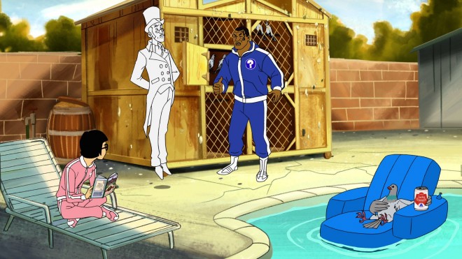 (L to R) Yung Hee, Marquess of Queensberry, Mike and Pigeon discuss taking on a new mystery poolside. Mike Tyson Mysteries premieres on Adult Swim on October 27 at 10:30 p.m. (ET/PT).