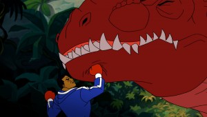Mike fights a dinosaur in Mike Tyson Mysteries. The new series premieres on Adult Swim on October 27 at 10:30 p.m. (ET/PT).